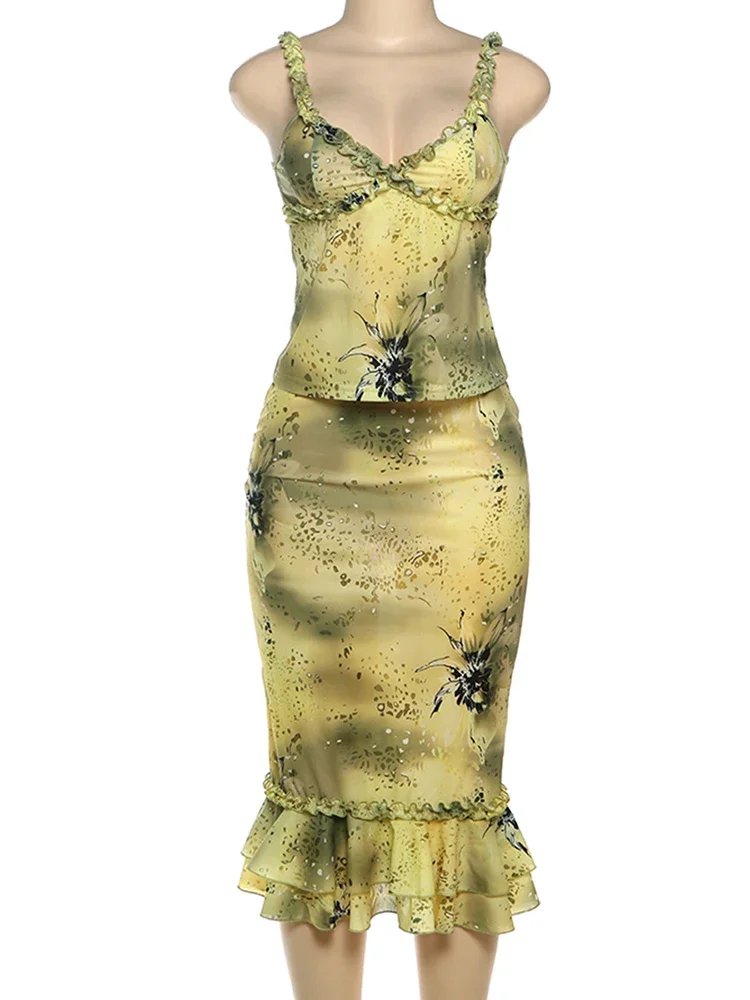 Kliou Tie Dye Ruffle Trim ผู้หญิง 2 ชิ้นชุดฤดูร้อนความงามคอต่ํา Camis + ซ้อน Slim Maxi กระโปรงหญิงวันหยุดชุด