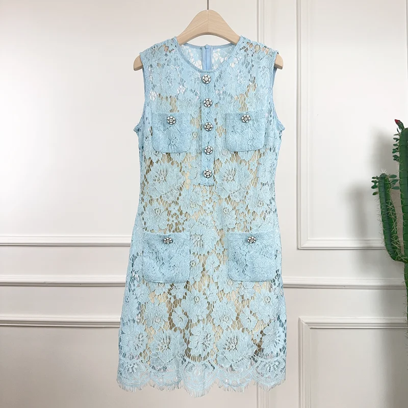 

Summer New Fragrance Blue White Sleeveless Dress Women High Quality Lace Fresh Elegant Wedding Party Sweet French Vest Dress