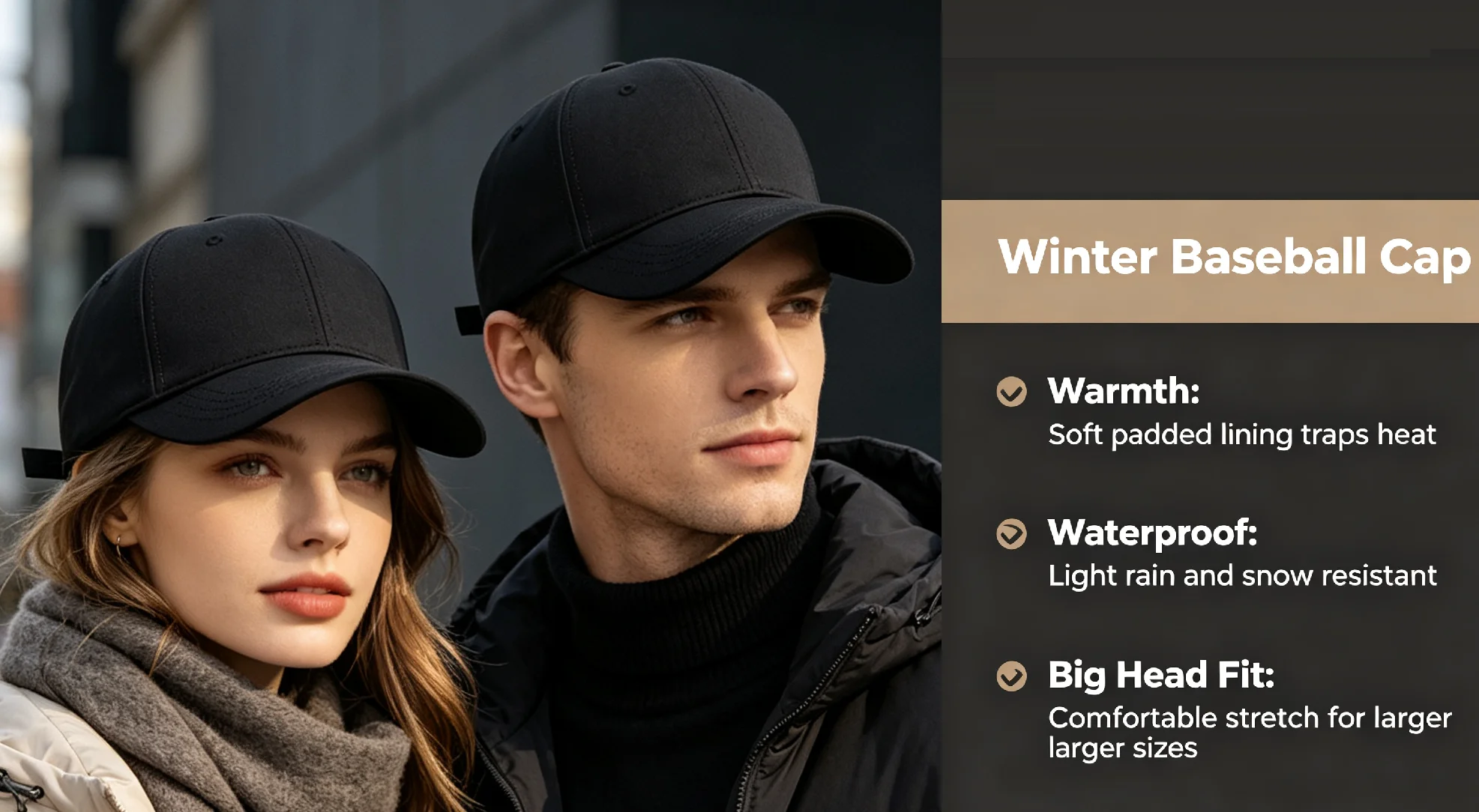 Quick Dry Waterproof Back Closed Big Head Baseball Cap for Men Women Fleece Lining Autumn Winter Spring Hats 55-60cm 61-65cm