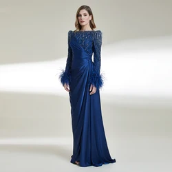 Fashion Prom Dress Customized Boat Neck Long Sleeves Feathers Beads Pleat Satin Mermaid Evening Dresses Banquet Party Gown