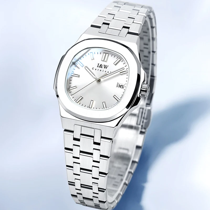 Carnival Fashion Simple Quartz Watch for Women Sapphire Calendar Stainless Steel Waterproof Luminous Womens Dress Wristwatches