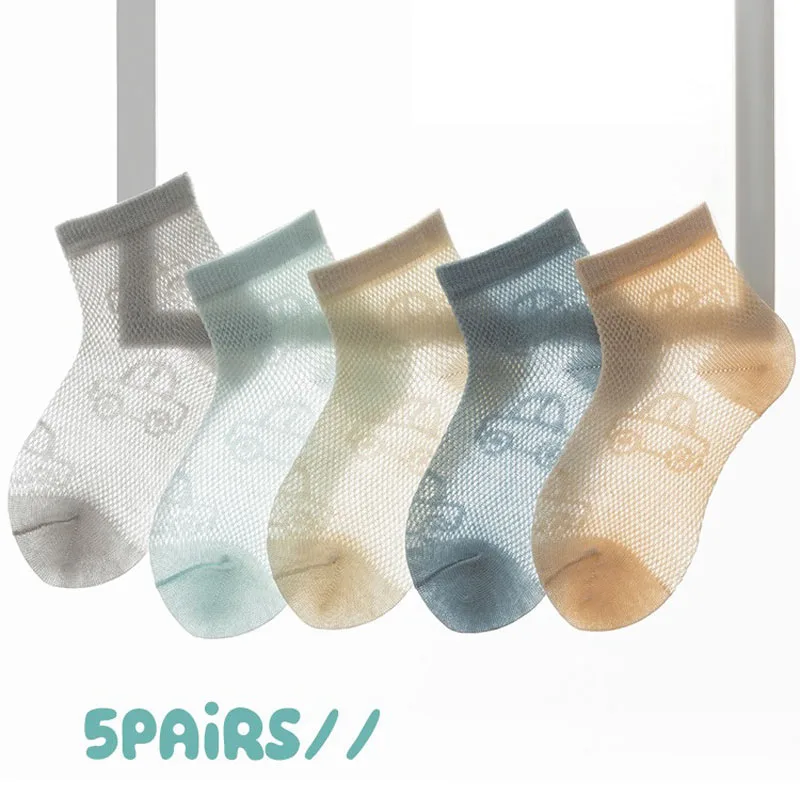 5 Pairs/Lot Kids Summer Socks Solid Color Thin Breathable Mesh Cotton Socks Cartoon Car Children Boys Casual Mid Tube Sock view 5