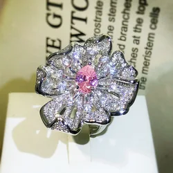 New Fashion Pink Diamond Flower Ring Female Open Simple Full Of Diamonds Micro-set AAA Zirconia Jewelry Cocktail Party Gift