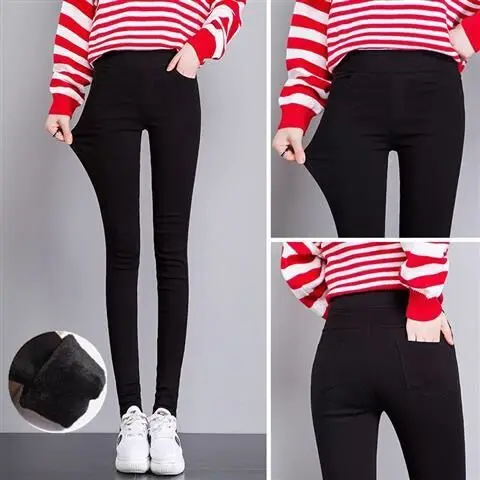 Women's Fleece Lined Pencil Pants Autumn 2024 mid Waist Long Trousers Base Layer Black Slim Fit Korean Style Winter Outerwear