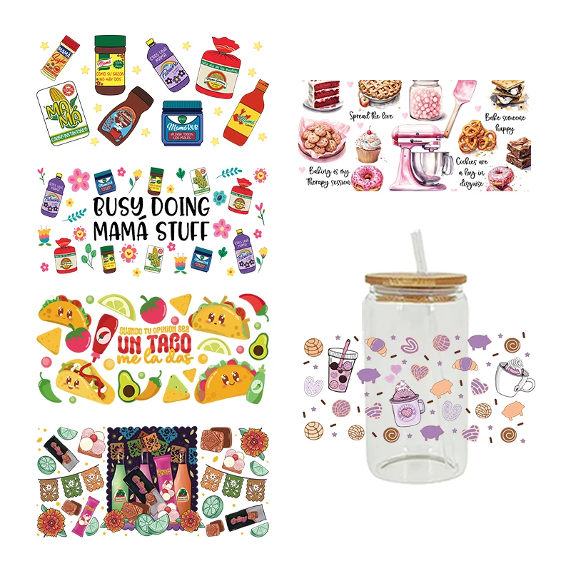 Cartoon Kitchen Theme Pattern UV DTF Transfer Stickers Libbey Cup Wrap Iron For Glass 16oz D16570