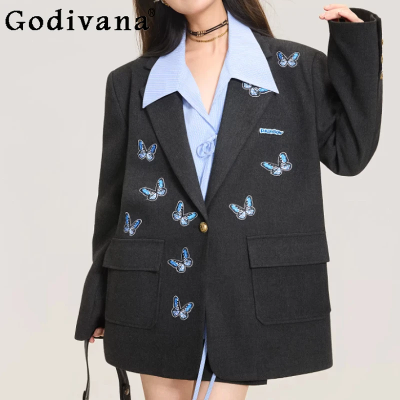 

Весенне-осенний модный черный свободный костюм с принтом бабочек в корейском стиле для девушек, омолаживающий, с длинными рукавами, для колледжа