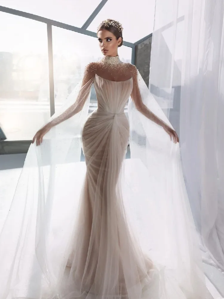 Elegant Wedding Dresses Long Sleeves Halter Sequins Appliques 3D Lace Beaded Pearls Sparkly Hollow Bridal Gowns Vestina De Novia