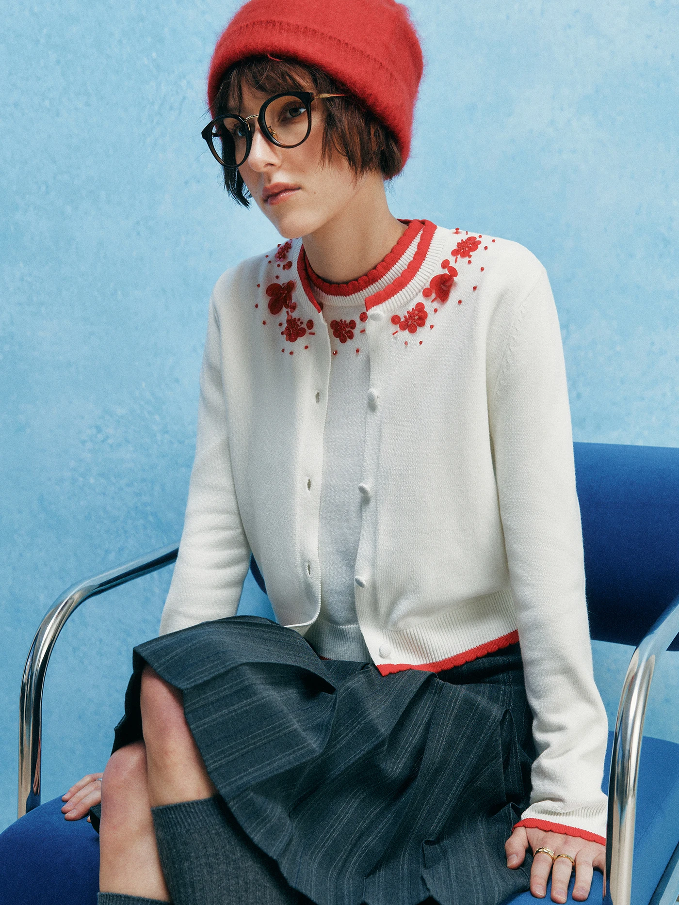 

100% шерстяной вязаный свитер для женщин, милый пуловер с круглым вырезом, кардиган с вышивкой, тяжелыми бусинами, мягкий, теплый, короткий рукав