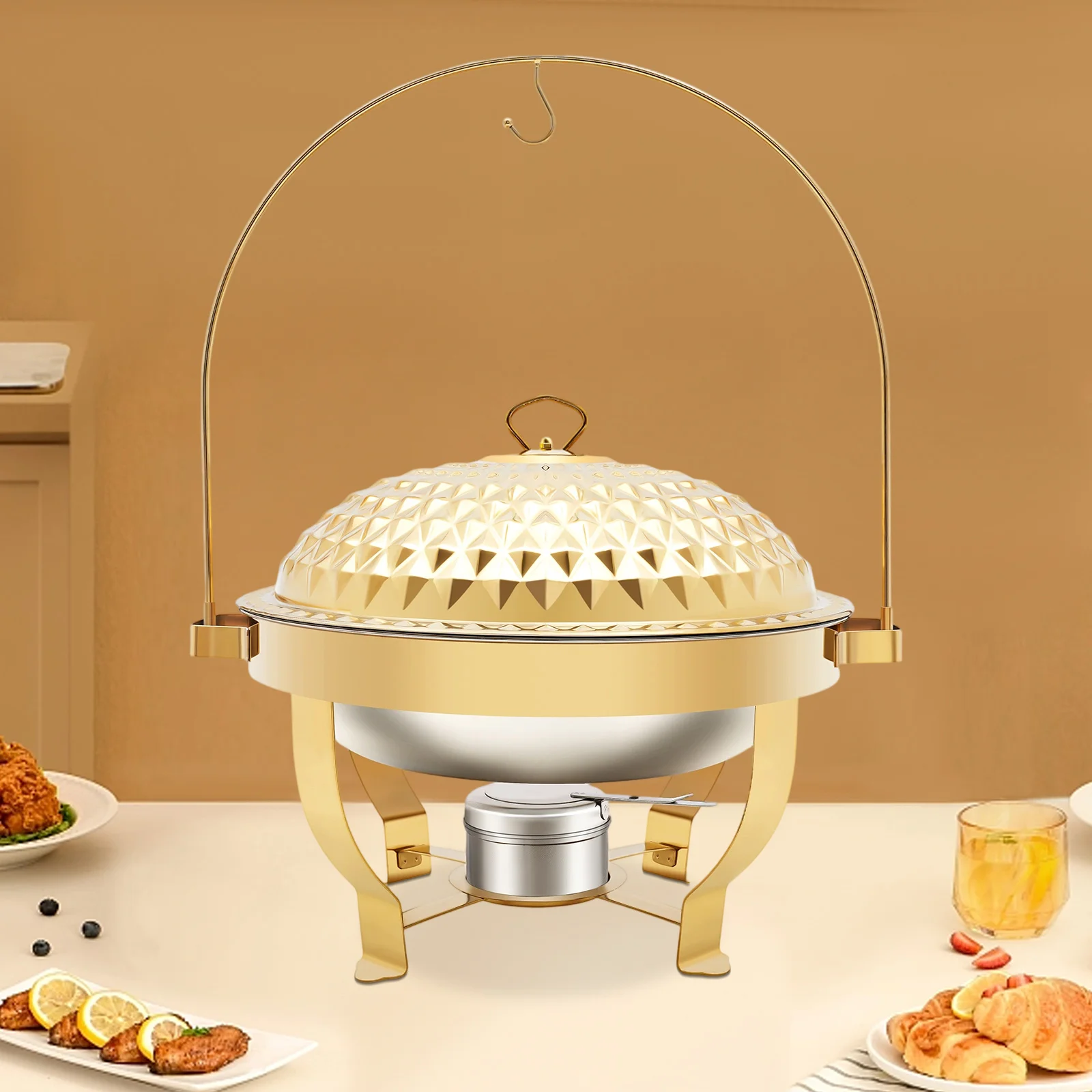 Stainless Steel Chafing Dish, 8L Gold Buffet Server with Lid, Food Warmer for Catering, Restaurant Buffet Serving Equipment