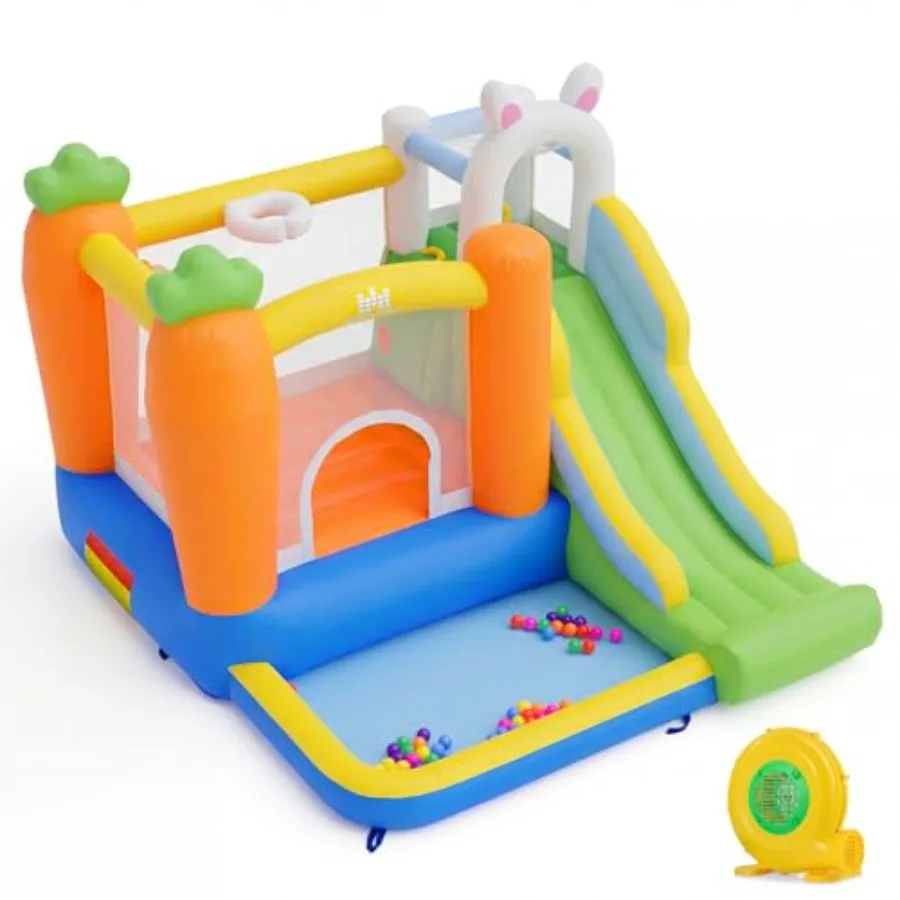 

Надувной батут с бассейном из шариков, в виде кролика, для дома, для детей 3-12 лет, с воздуходувкой, большой игровая зона, баскетбольное кольцо