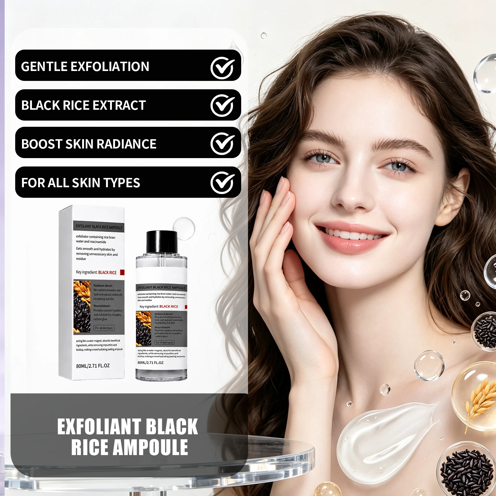Black Rice Exfoliant Ampoule Niacinamide Rice Bran Water Hydrating Formula Smooth Radiance Face Care Daily Facial Peeling Serum
