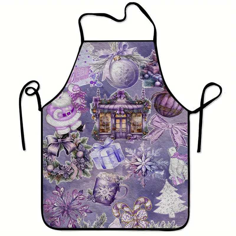 1pc Large 23.62x31.5inch Lilac & Burgundy Christmas Apron with Snowflakes Holly Berries Poinsettia Print - Heavy-Duty Fabric