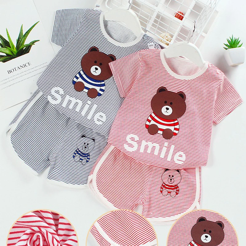 Stripe Short Sleeve T-Shirt+Shorts 2-Piece Clothing Set Kids Girls Baby Tracksuit Outfit Children New Clothes Suit 1-5 Year Old