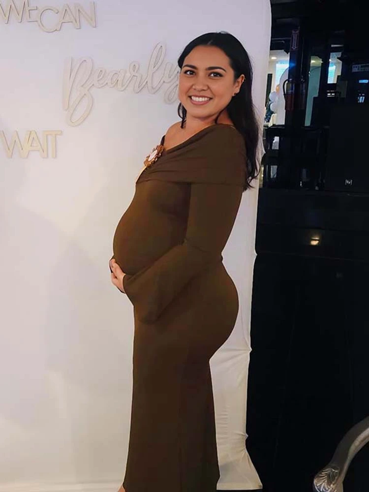 الخريف البني فستان الأمومة التقطت الصور قبالة الكتف طويلة الأكمام الحمل ماكسي ثوب أنيق استحمام الطفل الزي التصوير ارتداء