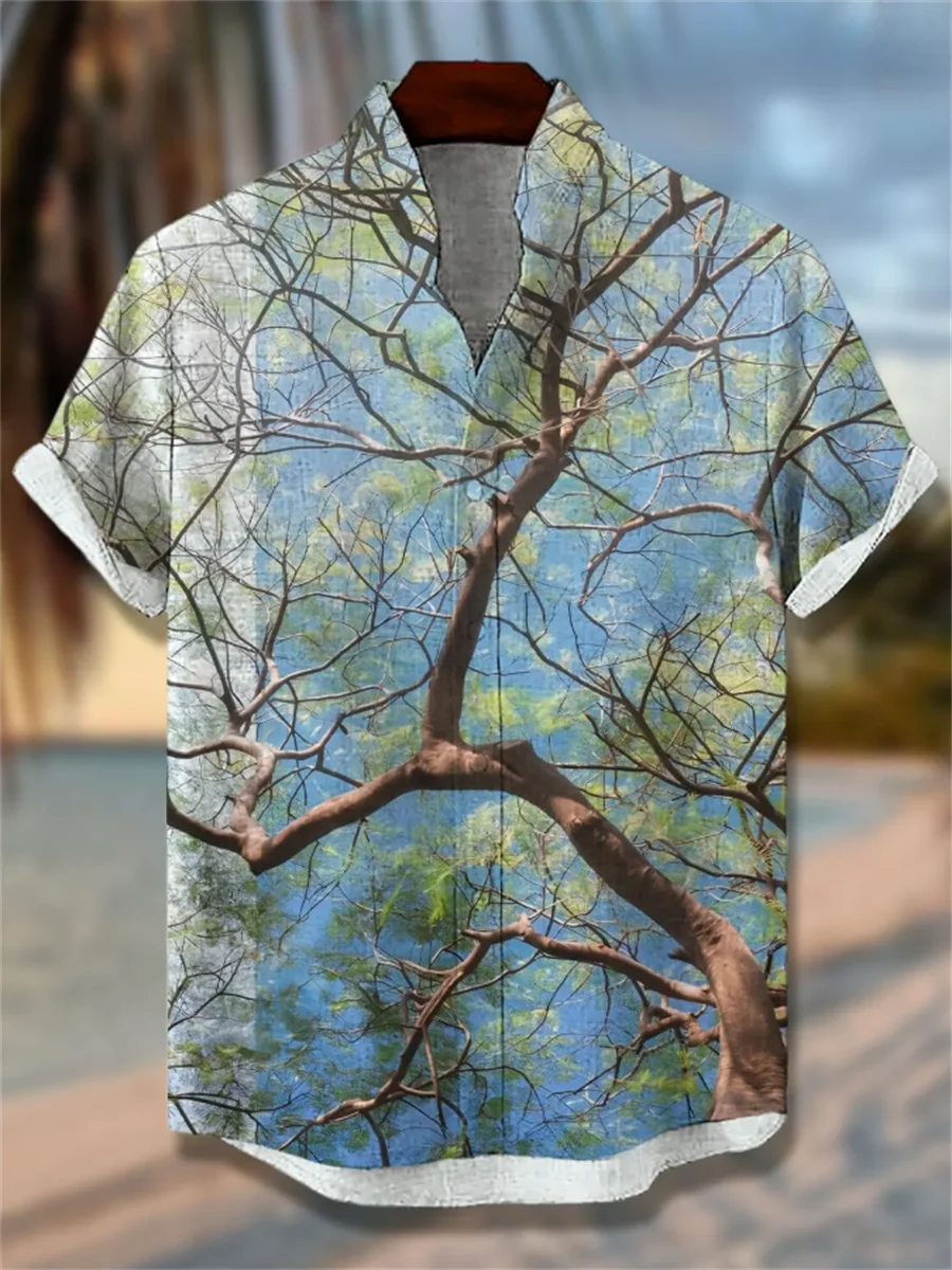 Natural style men's linen short-sleeved shirt with button design, digital print, casual comfort, and fashionable wear