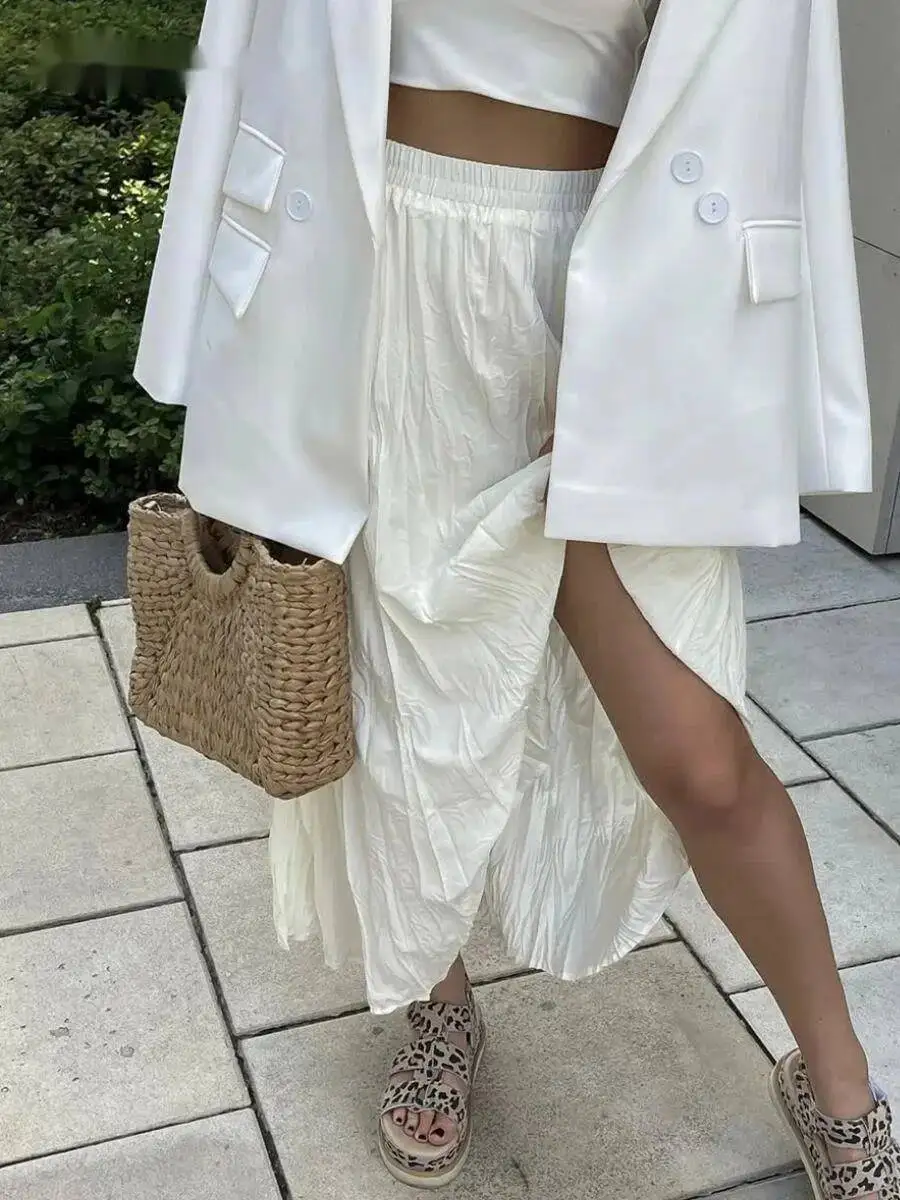 

Плиссированные юбки с высокой талией для женщин, новинка 2023 года, мягкая складная офисная женская базовая юбка-миди, шикарная элегантная глянцевая длинная юбка для девочек JNE8