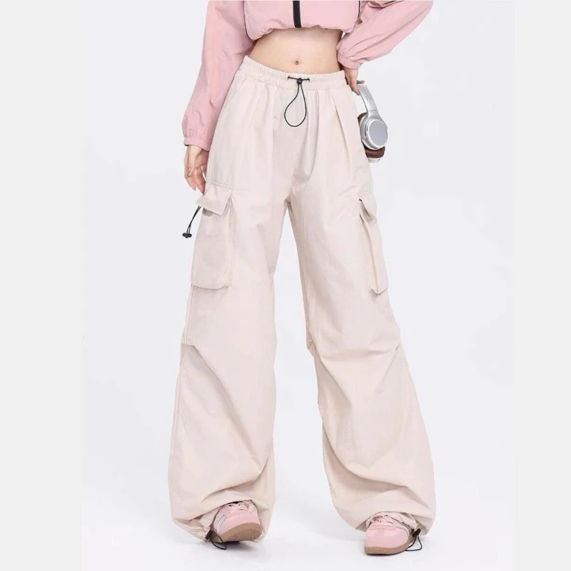 Spring Autumn Hip Hop Street Elastic High Waist Drawstring Women's Solid Spliced Pockets Folds Loose Straight Casual Cargo Pants