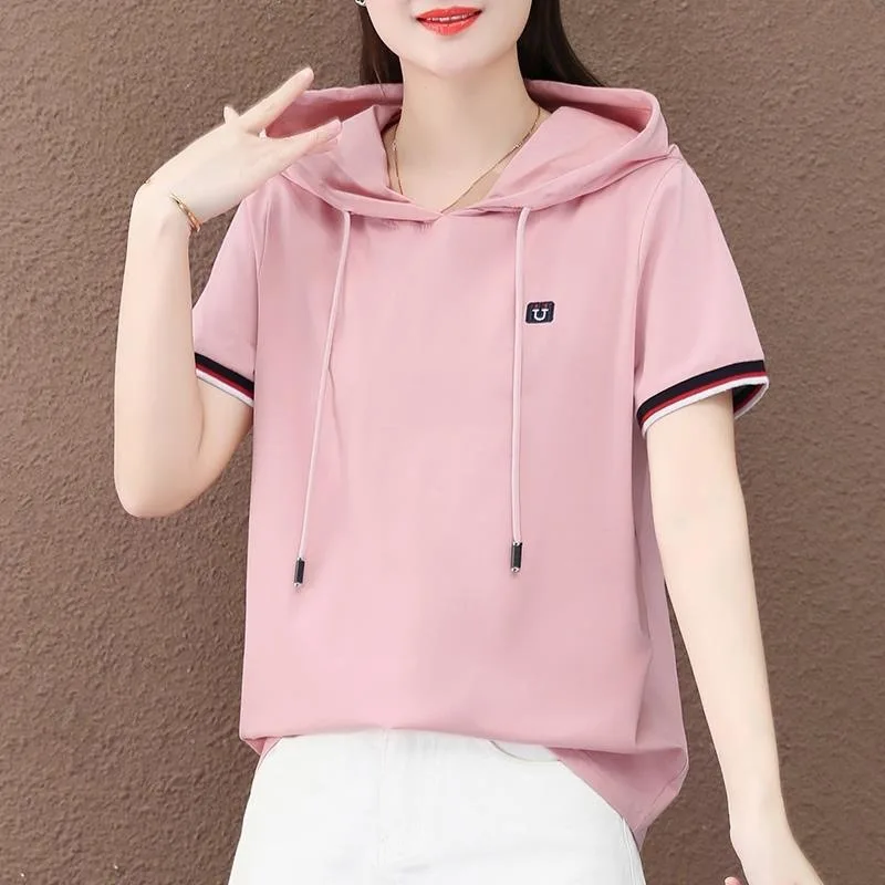 

Black White Hooded Short Sleeve T-shirt Women's Thin Summer Tops 2024 New Loose Casual Female Hooded Tees