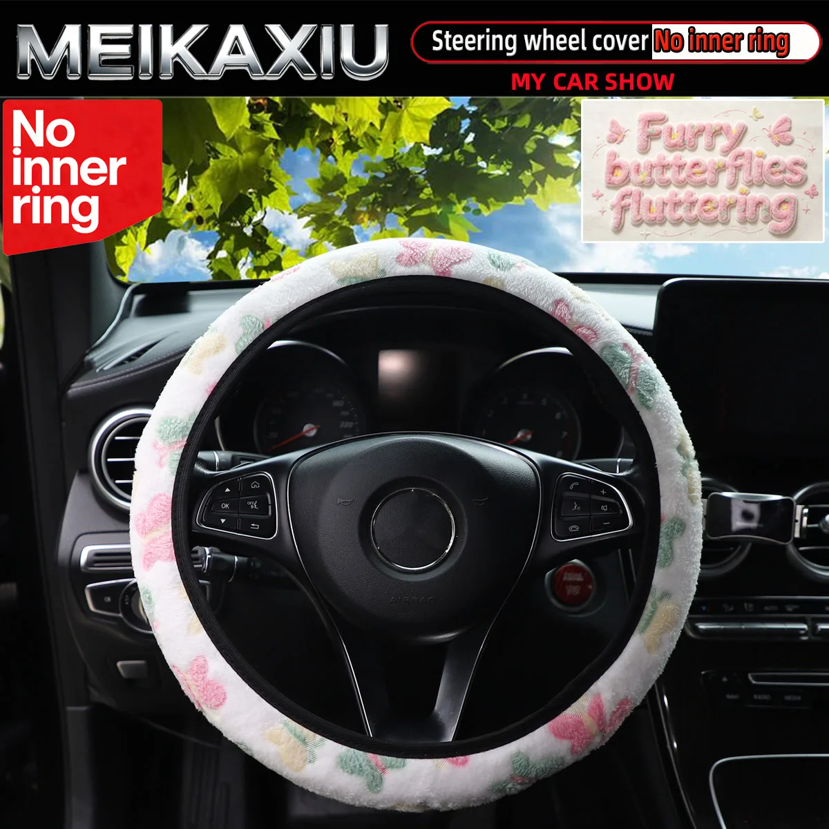 Butterfly Flying Plush Steering Wheel Cover 38cm Women-Friendly Car Decoration Item No Inner Ring Required