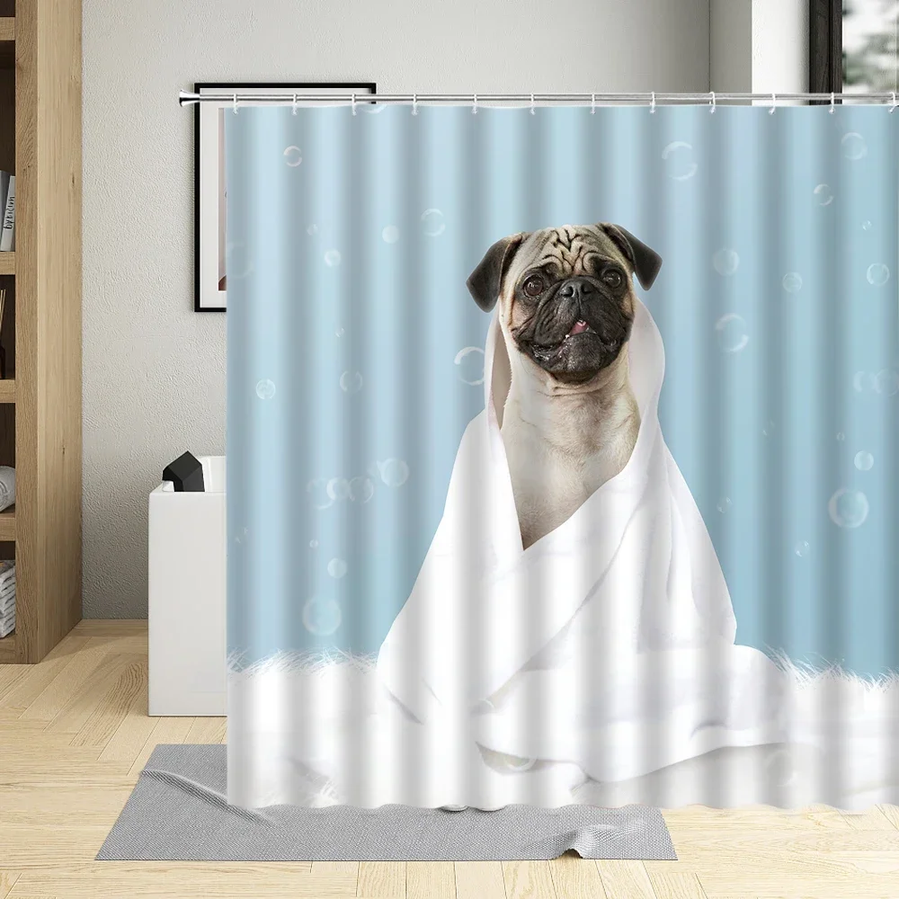 Creative Pug Funny Puppy Dog Pattern Shower Curtain Waterproof Polyester Fabric Bath Curtains Pet Shop For Home Decor With Hooks