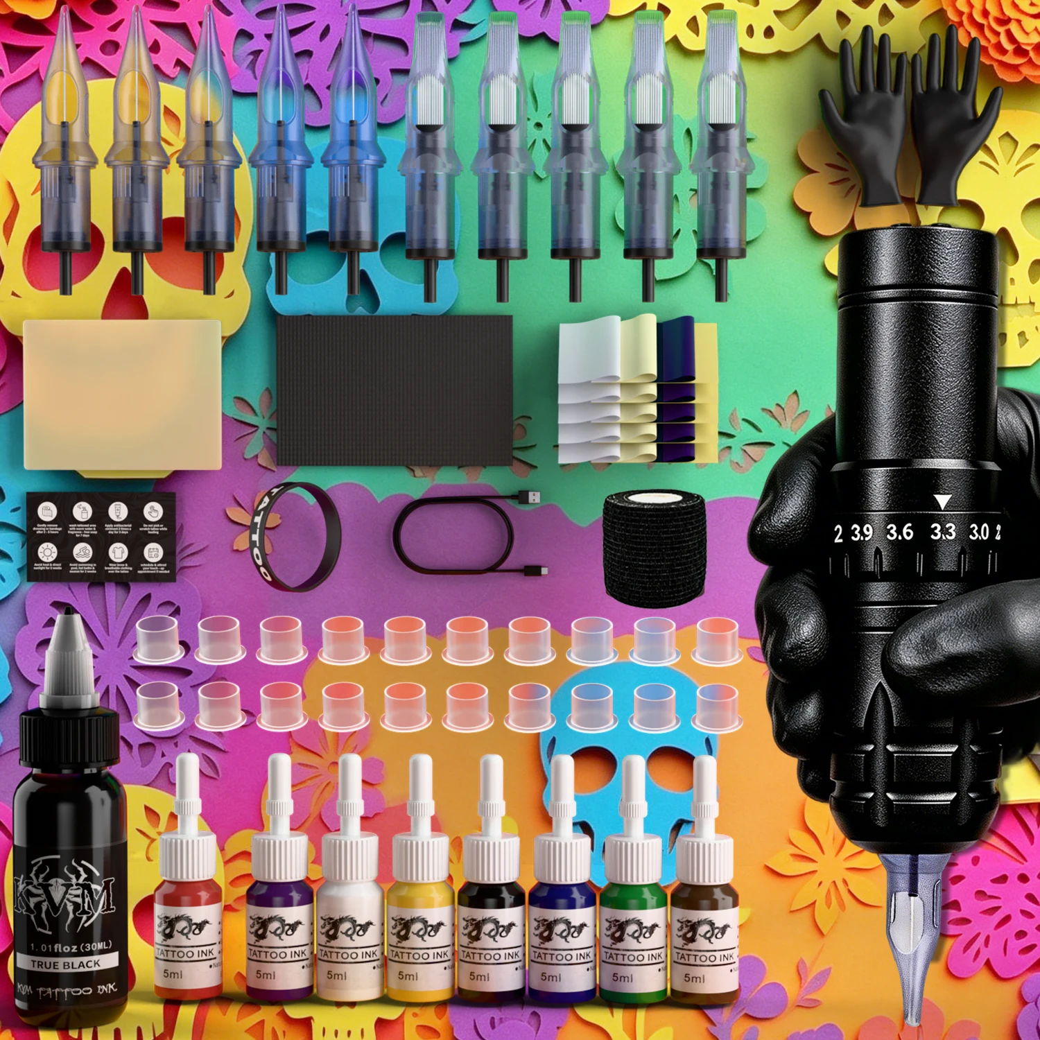Wireless Adjustable Stroke Rotary Tattoo Pen Kit Complete Tattoo Set with Cartridge Needles High‑Saturation Tattoo Ink Practice