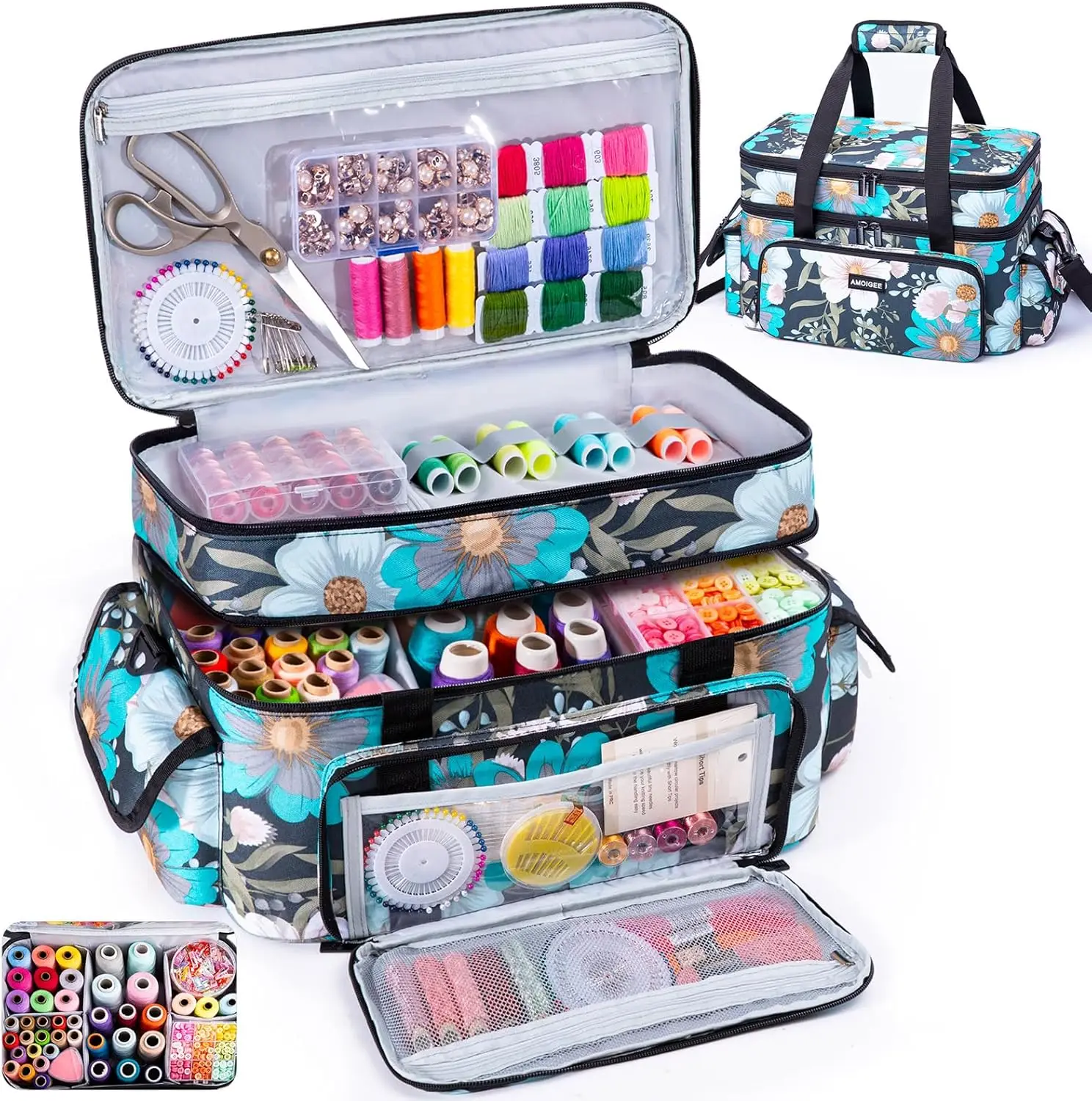 

Large 15" Double-Layer Sewing Storage Bag with Detachable Dividers, Shoulder Strap & Elastic Loops for Supplies