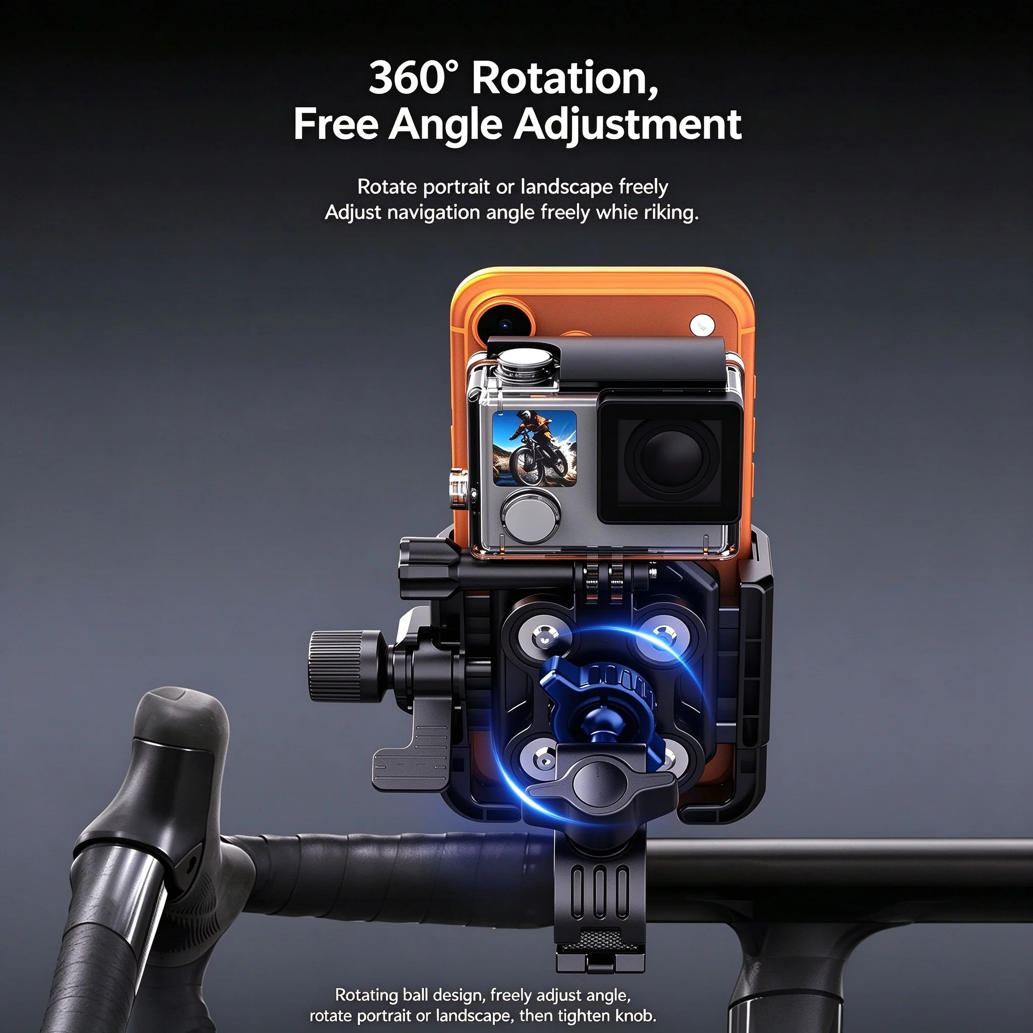 Motorcycle Phone Mount Shockproof GoPro Compatible 360° Rotation Handlebar Clamp