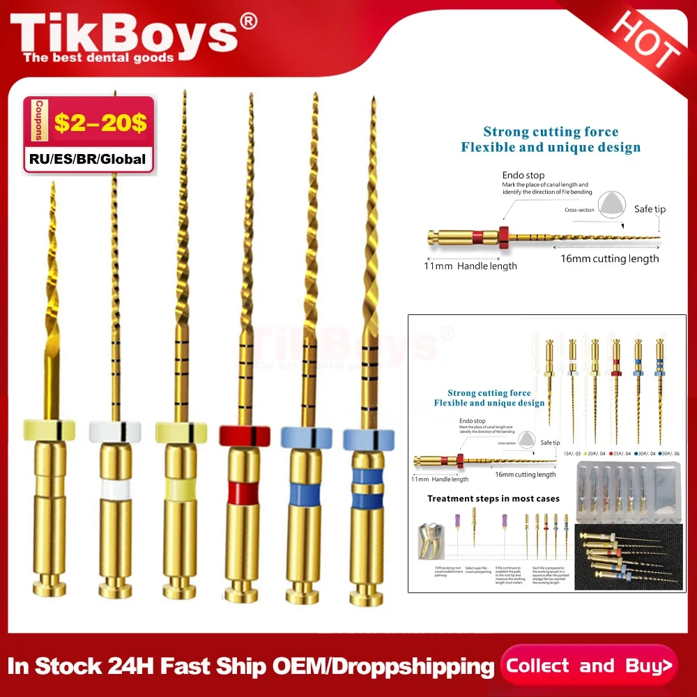 6 шт. в коробке, стоматологические гибкие золотые файлы с тепловой активацией, обработка корней канала, Ротационные золотые файлы, стоматологические инструменты, эндодонтические файлы