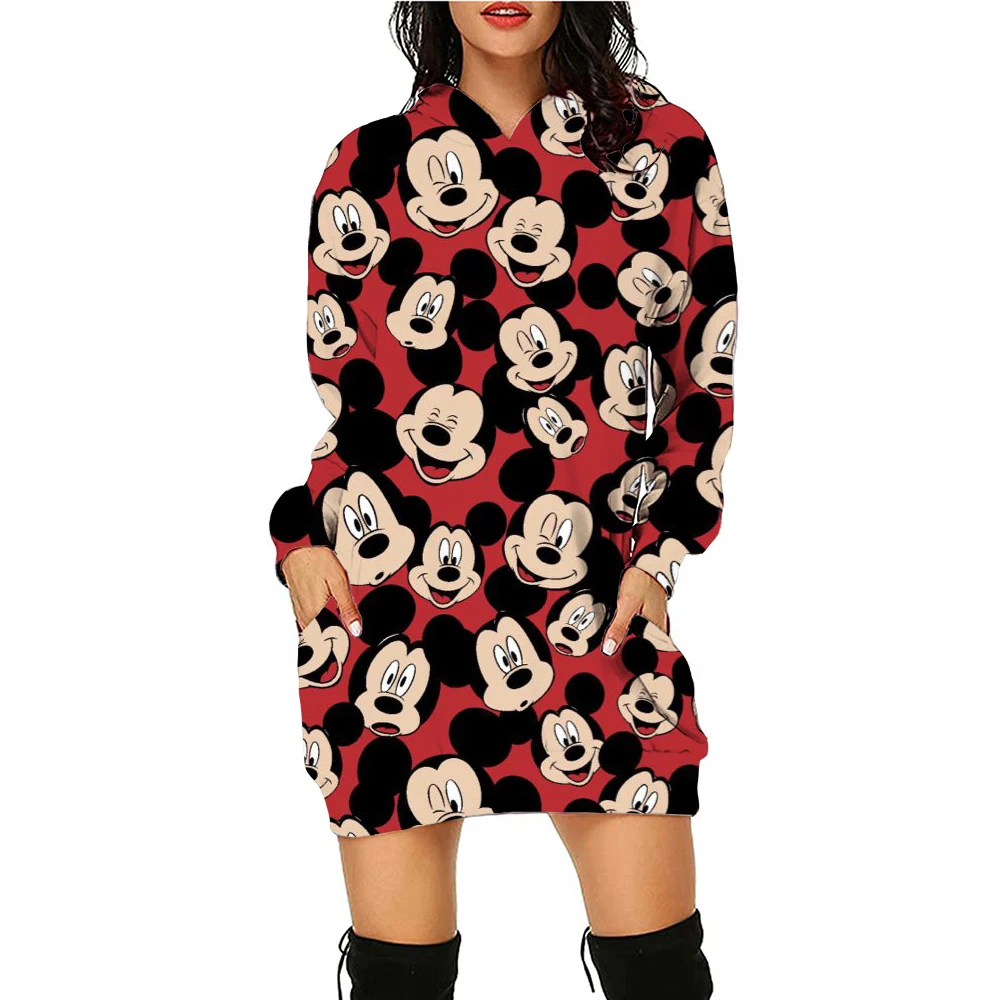 Autumn Winter Disney Mickey Mouse Mickey Print Hoodie Sweater Dress Casual Street Style Fashion Simple Ladies Sweater Dress