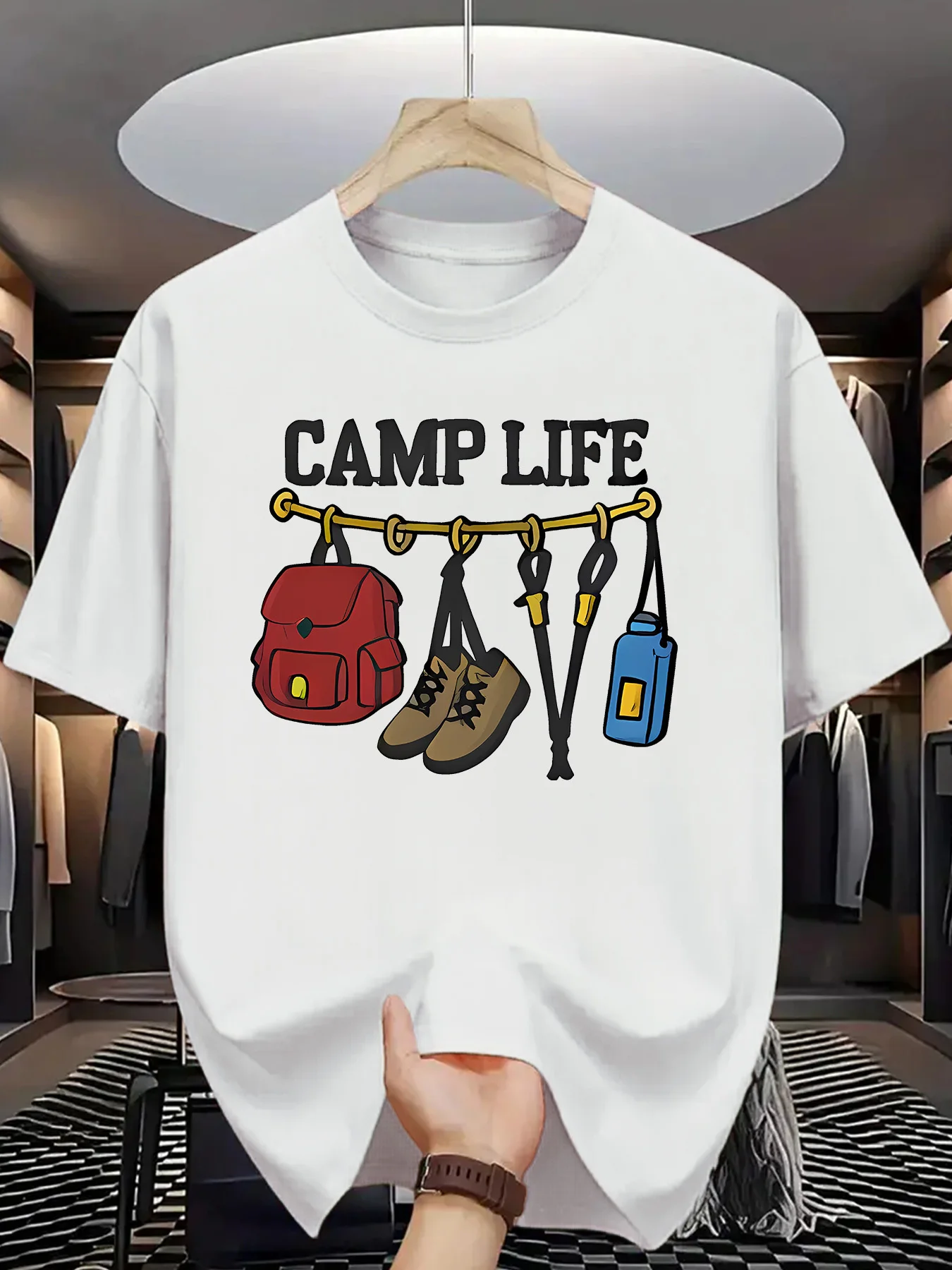 Camp Life Mens Crew Neck T Shirt Hiking Backpack Shoes Water Bottle Outdoor Gear Graphic Short Sleeve Casual Street Tops