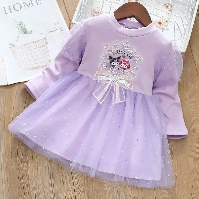 

Sanrio kuromi sweater dress spring autumn princess puffy skirt dress hello kitty undershirt girl mesh dress children long sleeve
