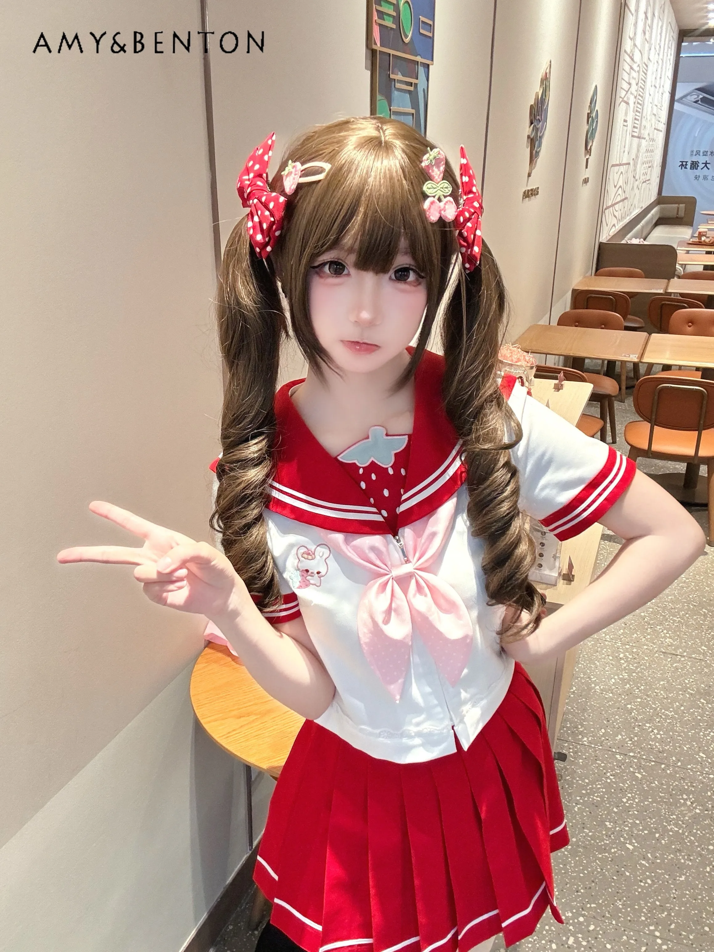 

Японский школьный комплект в стиле JK: топ с вышивкой кролика (пурпурный, розовый, красный) и плиссированная юбка для девочек