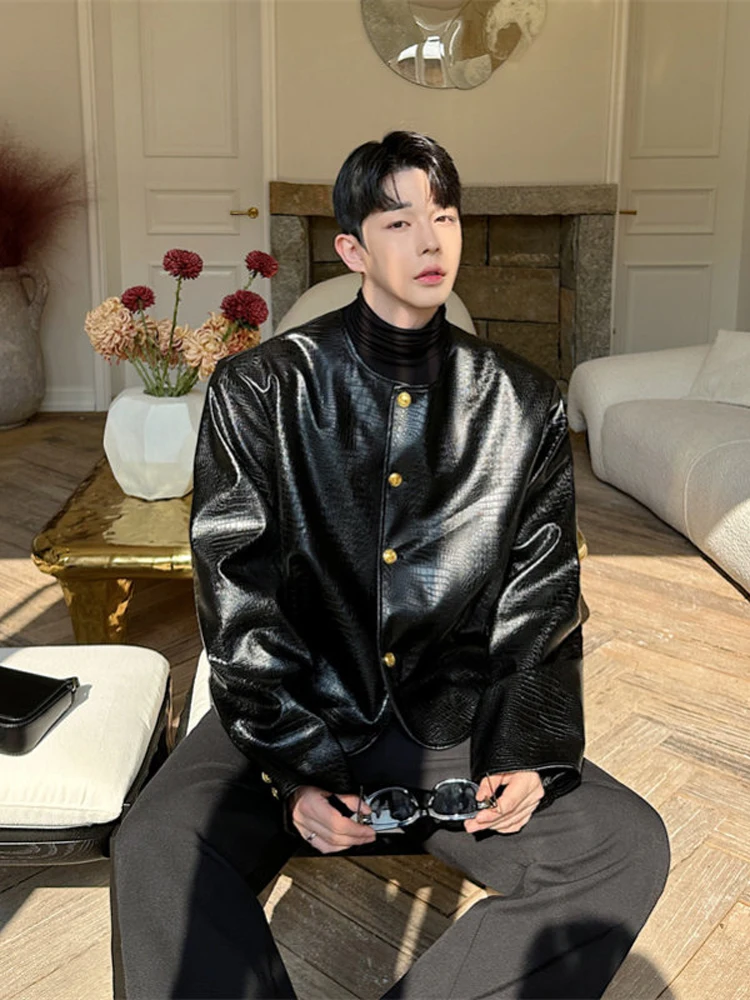 

Casual Faion ort PU Leather Jaet round Ne Crocodile Patterned Coat for Commuting Autumn Winter Seasonal Youth Wear