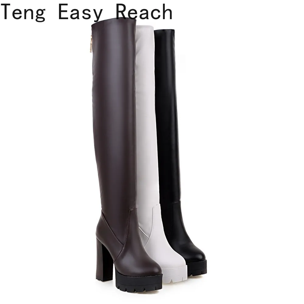 Platform Square Heel Women Over The Knee Boots Fashion Zipper Women Long Boots PU Leather 2024 Winter Boots Black White 34-43