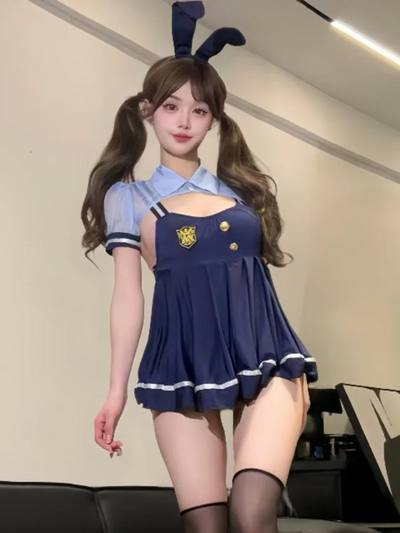 Robe Sexy à bretelles plissées, lapin ludique JK, uniforme de femme de police, dos nu, bretelles, sans manches, robe à boutons, XUVU