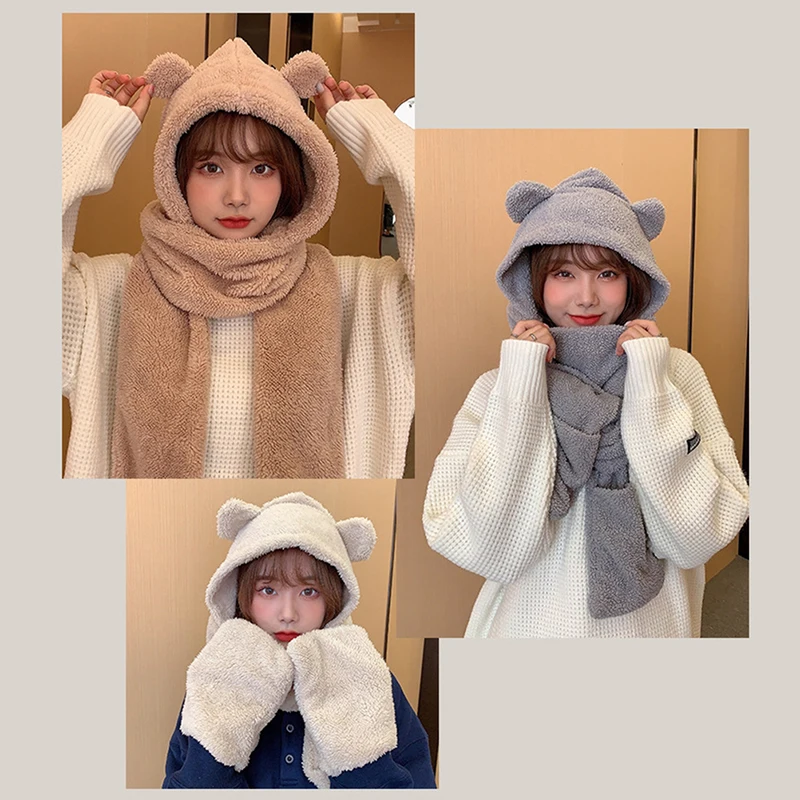 1Pc Cute Bear Ear Hat Scarf Gloves 3-in-1 Winter Warm Hedging Cap Women Windproof Plush Hat Scarf