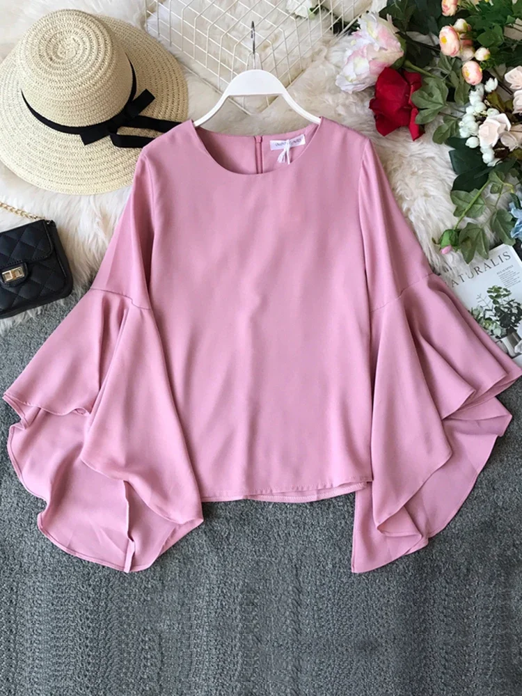 Spring Summer Women's Long-sleeved Shirt Solid Color Flare Sleeve Shirt Tide O-Neck Lotus Leaf Loose Shirt Tops Women GD475