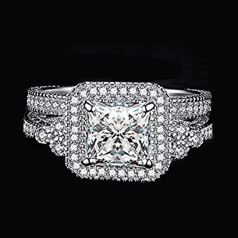 Huitan Opulent 2Pc/Set Cubic Zirconia Rings Set Female Trendy Gorgeous Engagement Accessories Chic Princess CZ Wedding Jewelry