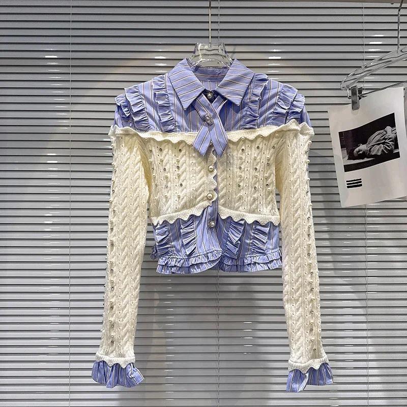 2026 Sweet Fake Two-piece Top Fashionable Pearl Knitted Spliced Lapel Short Long-sleeved Shirt Autumn Y2K Casual Versatile Top