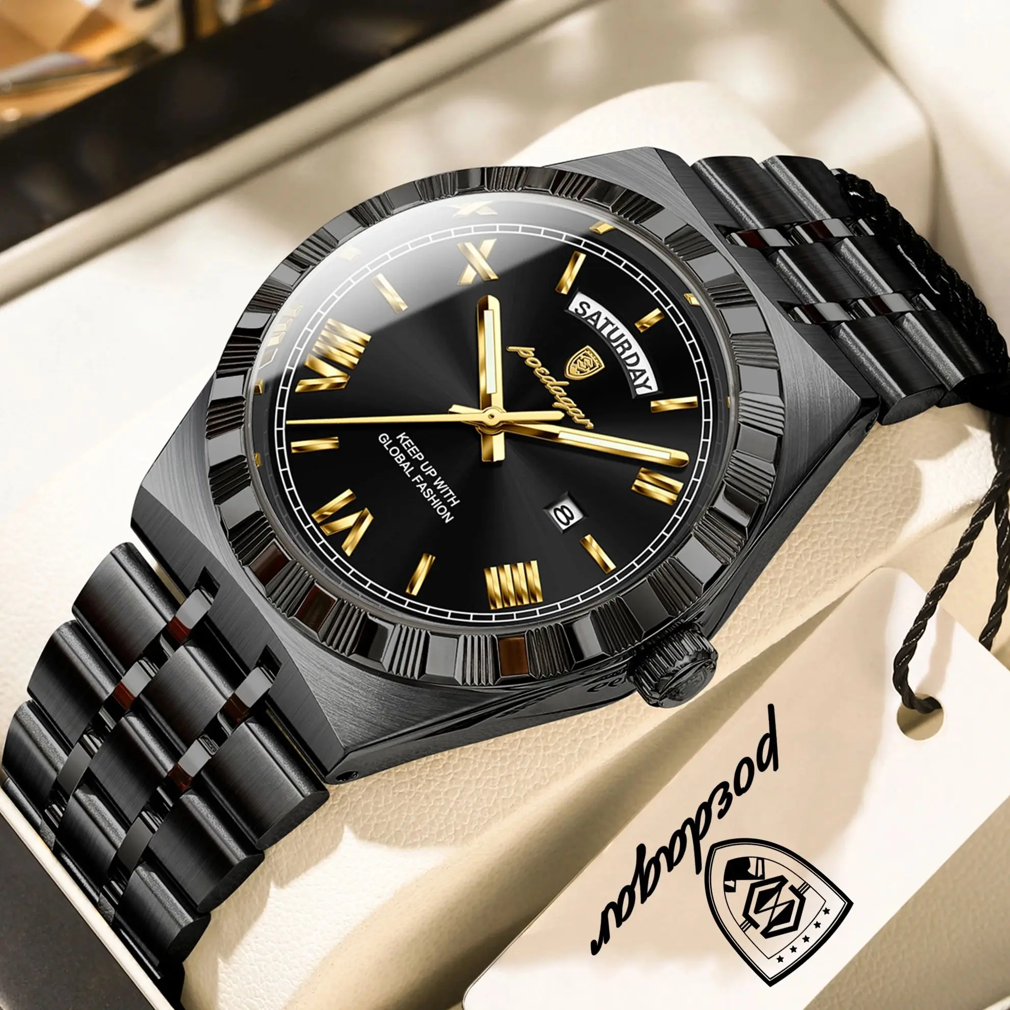 POEDAGAR Luxury Original Man Watch Week Date Waterproof Luminous Classic Watches For Men Stainless Steel Men's Quartz Wristwatch