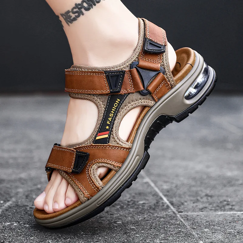 Men Outdoor Casual Open Toe Genuine Leather Beach Sandals Air Cushion Lightweight Cross Border Large Size Water Shoes