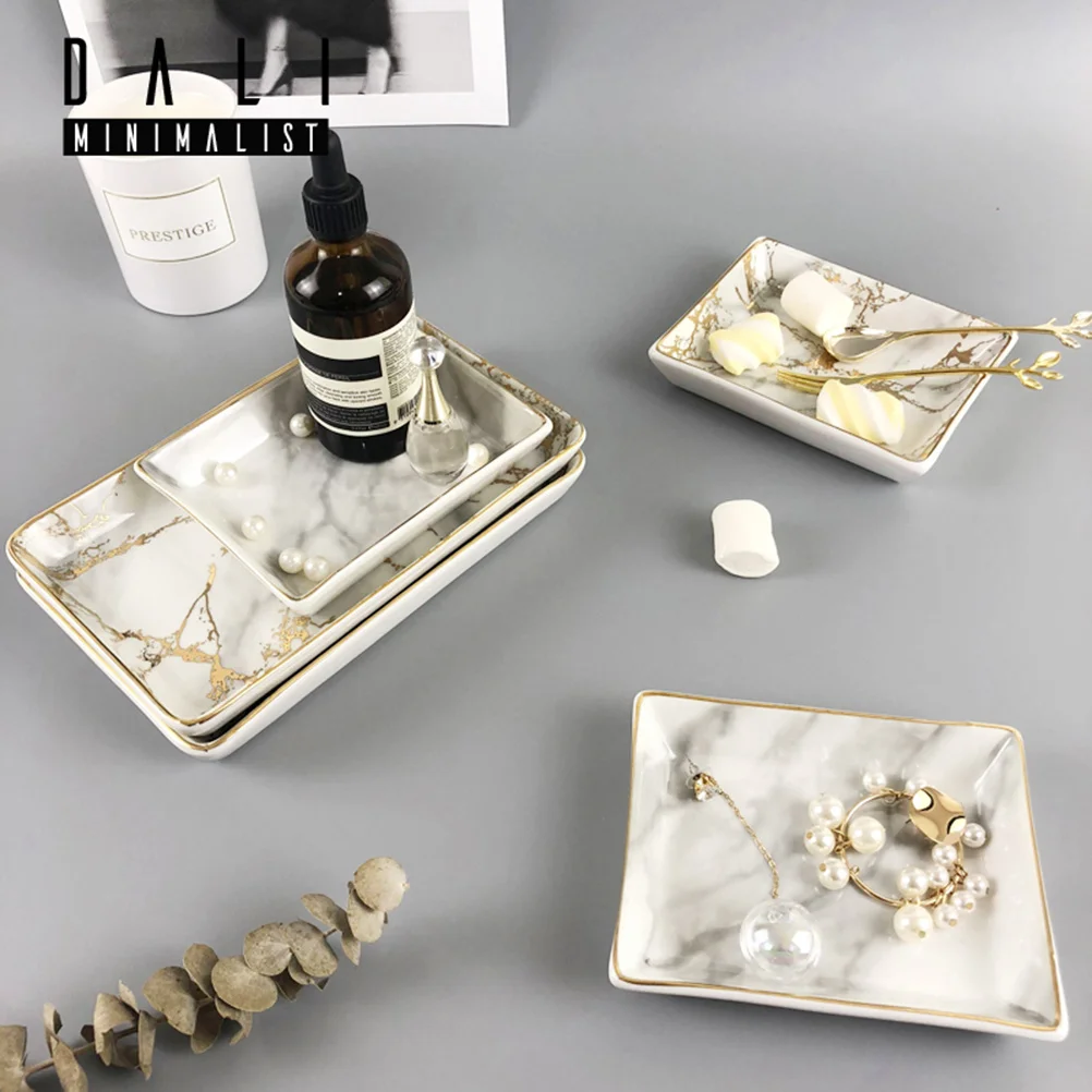 Ceramic Marbling Jewelry Ring Dish Decorative Trinket Tray Porcelain Bracelet Necklace Plate - Size L