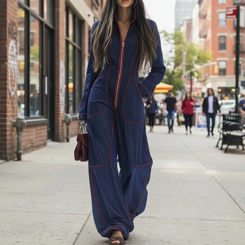 

Women's Blue Denim Red Contrast Stitch Long Sleeves Zip Up Wide Leg Jumpsuit Casual Streetwear Fashion One Piece Outfits