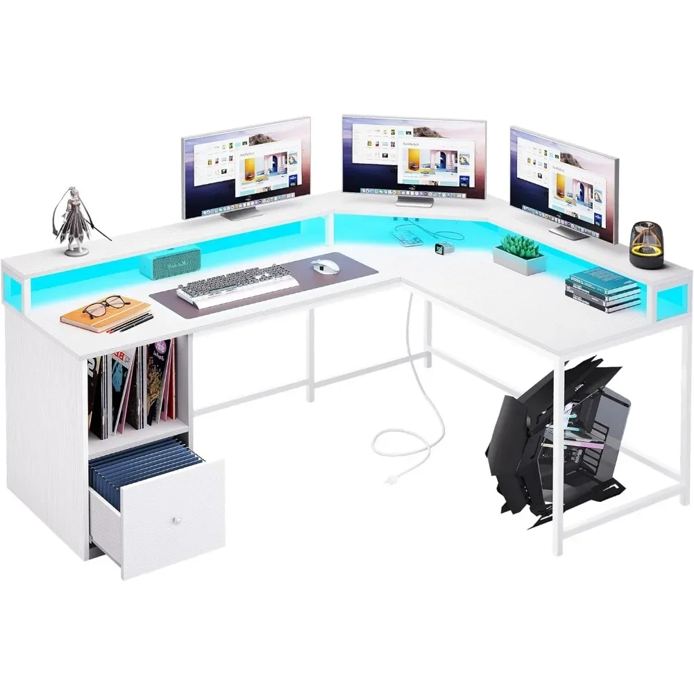 L-Vormige Tafel Met Stopcontact En Led-Licht, 67 "Computerbureau Met Dossierlade, Hoektafel Thuisbureau