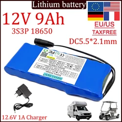 12V 9A DC18650 lithium ion battery portable rechargeable battery 12.6V 9000mAh battery/12.6V battery pack + 12.6V1A charger