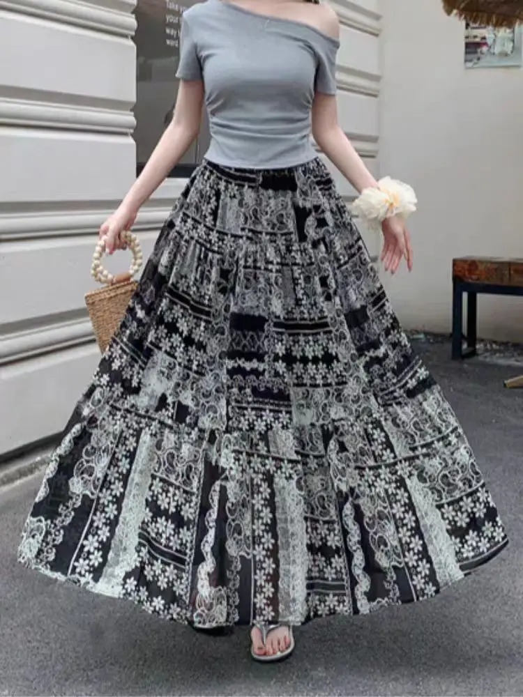 

Vintage Floral Print Chiffon Skirt - High Waist A-Line Midi Skirt for Women Summer New Flowy Maxi Skirt with Retro Pattern