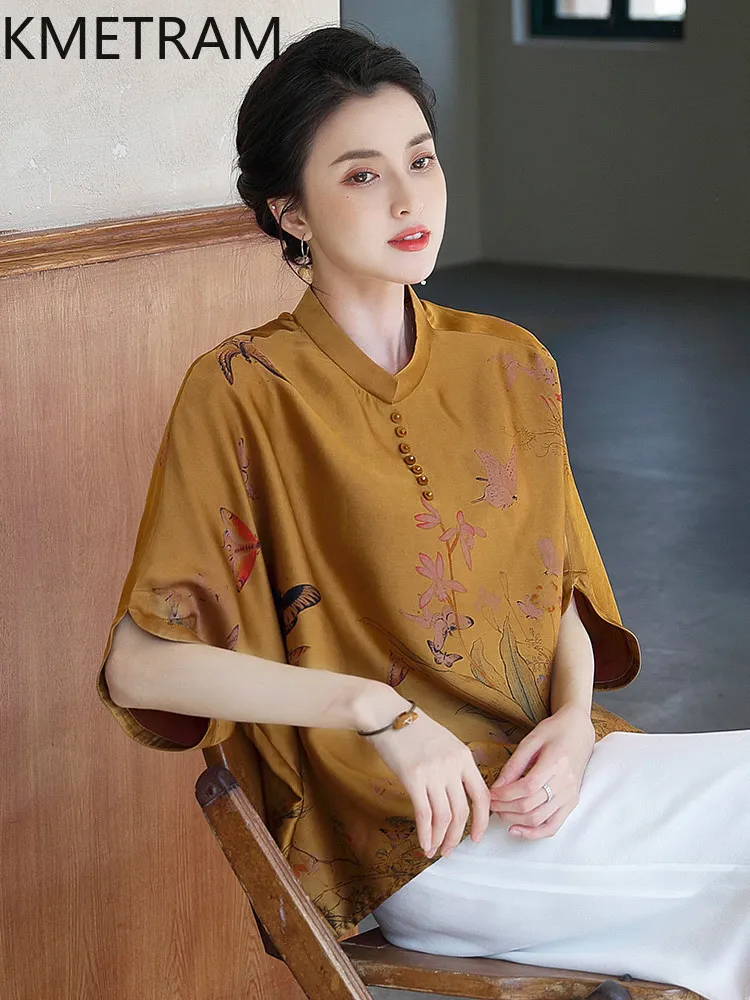 KMETRAM 100% Mulberry Silk Xiangyunsha Women T Shirts 2026 Summer Chinese-style Tang Suit Printed Short-sleeved Tops Ropa Mujer