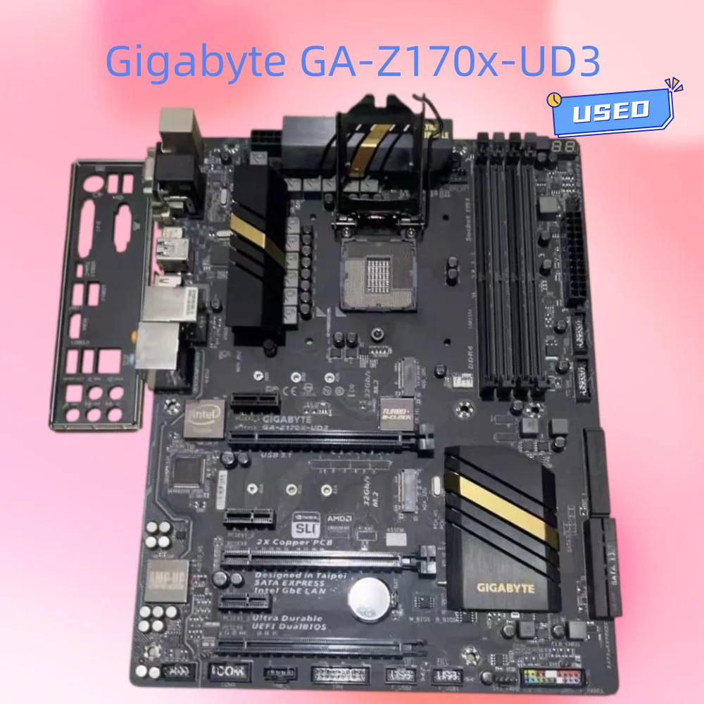 Carte mère Gigabyte GA-Z170x-UD3. La couleur est toujours belle. Compatible avec les processeurs Intel de 6e et 7e génération. Mémoire DDR4. Double M.2