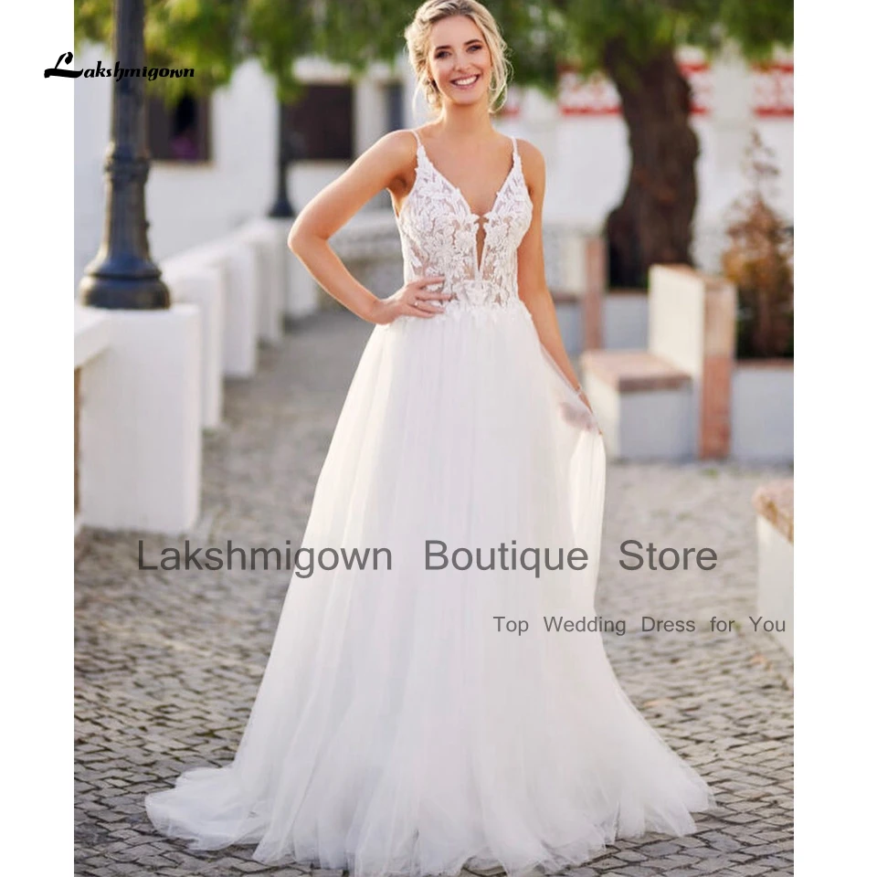 Bruidsjurk Beach Wedding Dress Summer 2023 Sexy Bridal Off White Tulle Long Boho Wedding Gowns Open Back Lace Appliques