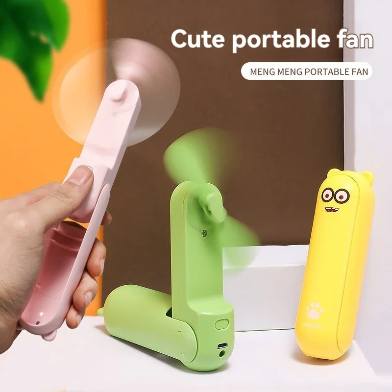 New Handheld Small Electric Fan Cute Cartoon Shape Strong Wind Power Flashlight Function Rechargeable Portable Mini Fan